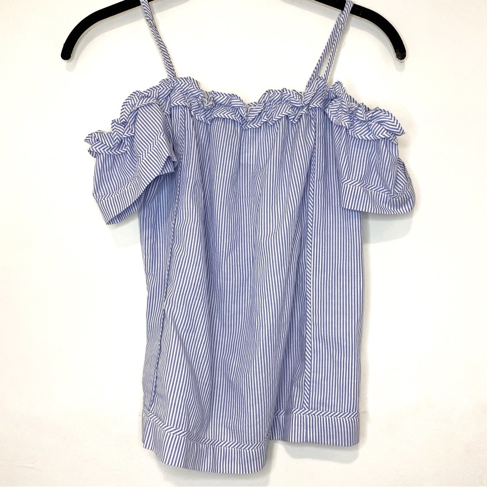 7 For All ManKind off shoulder Pin Stripe Short Sleeve Top